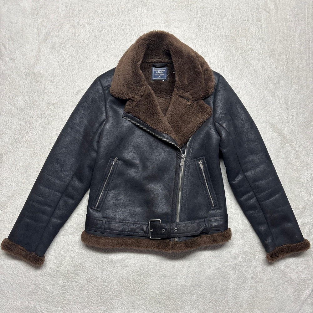 NWOT Abercrombie & Fitch Jacket Womens S Black Faux Suede Sherpa Fur Moto $180